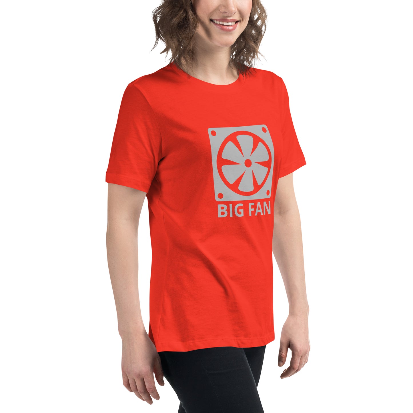 Women with poppy t-shirt with image of a big computer fan and the text "BIG FAN"