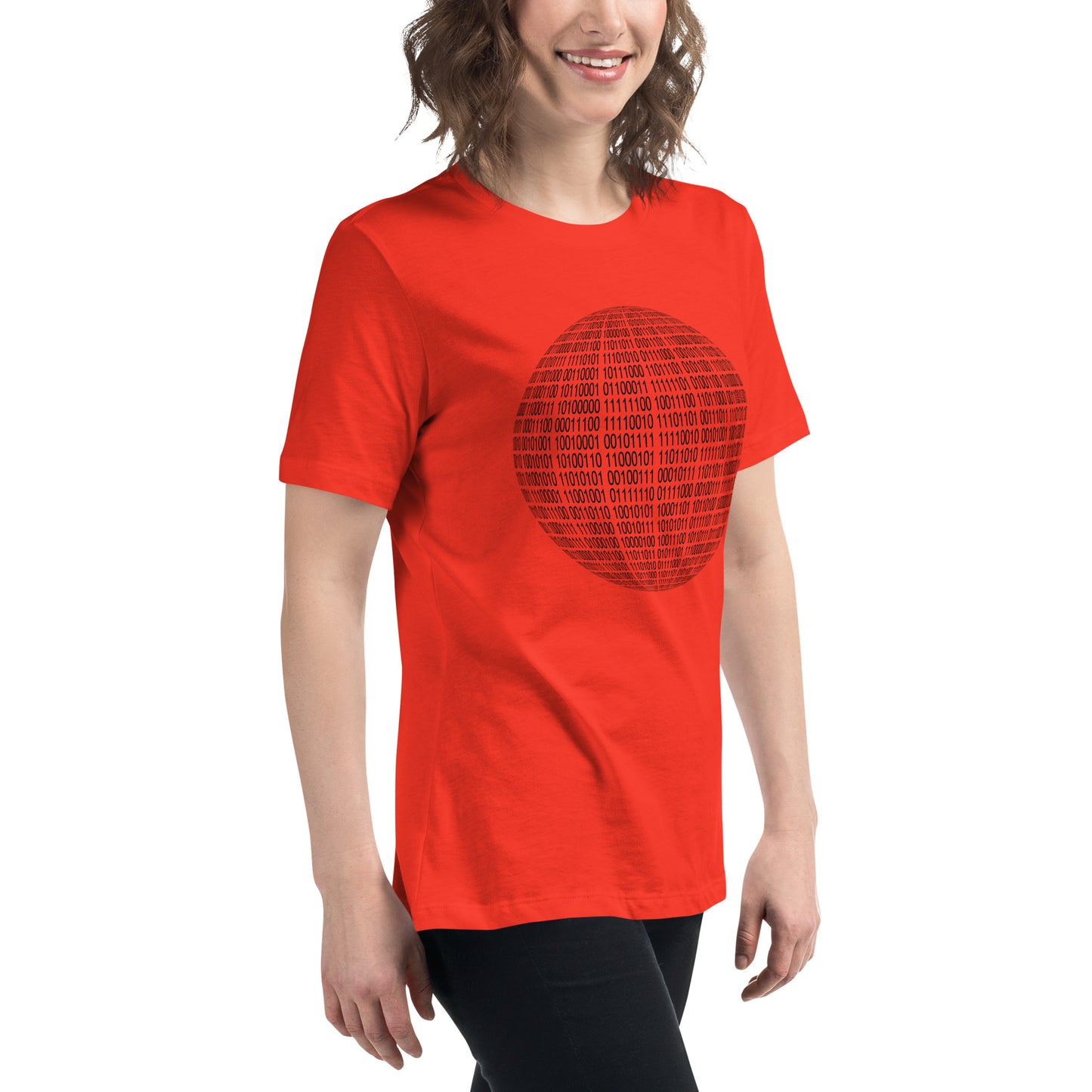 Women with poppy red T-shirt with binaire sphere