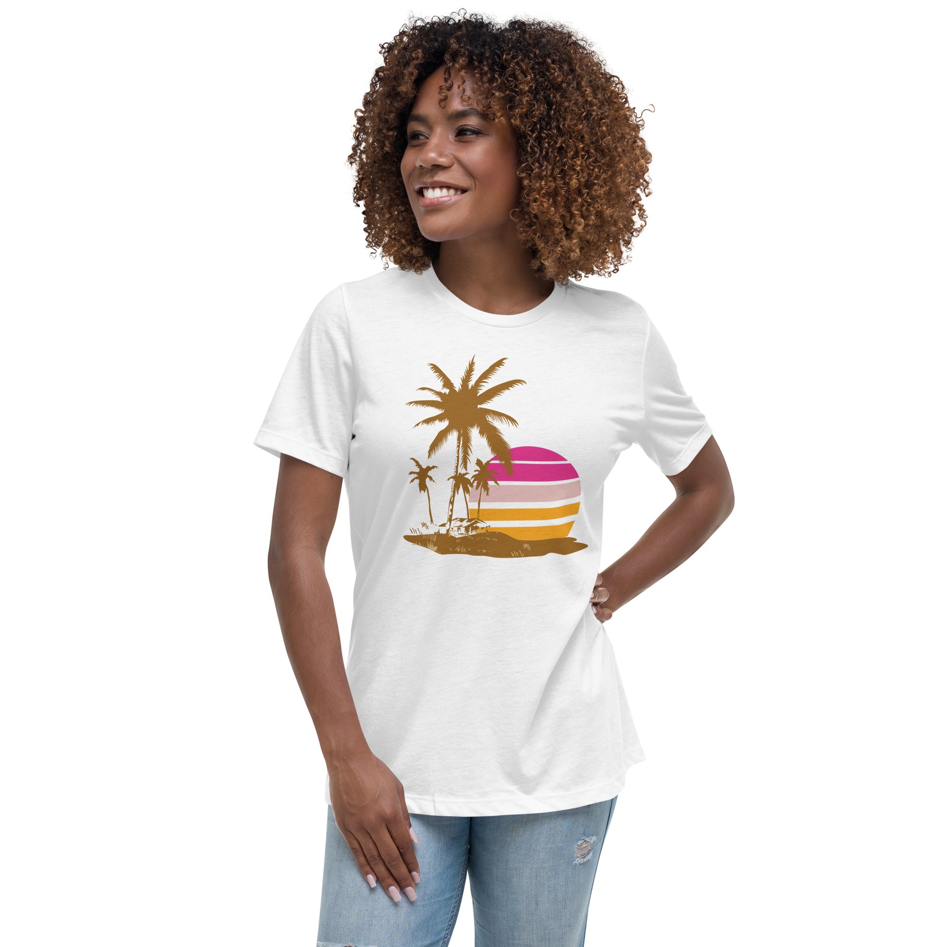 Woman with white T-shirt and a picture of brown palm trees and a pink sunset