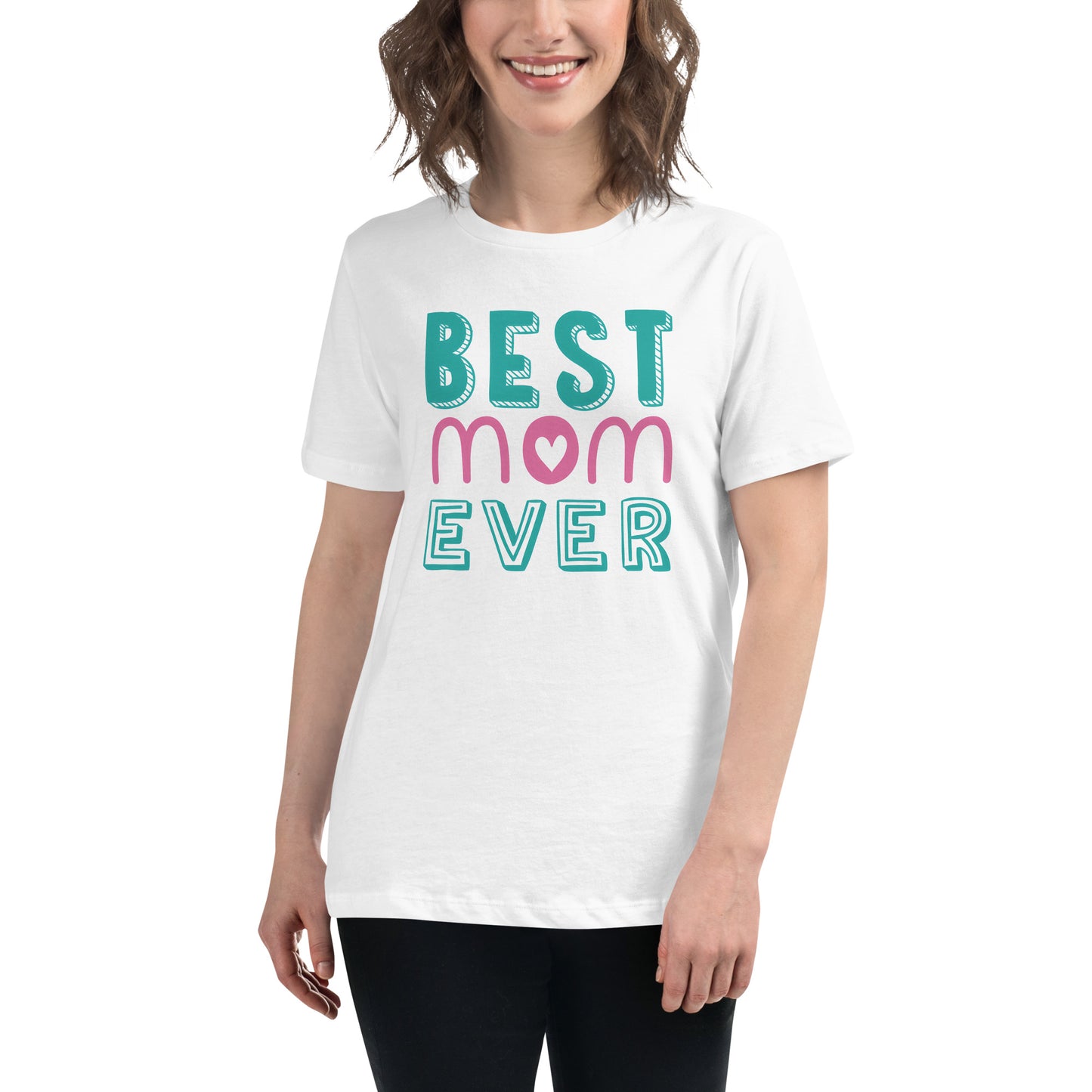 Women with white Tshirt with text best MOM Ever