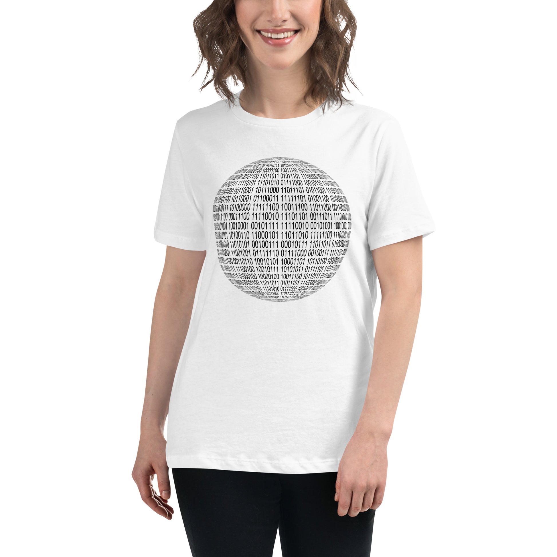 Women with white T-shirt with binaire sphere