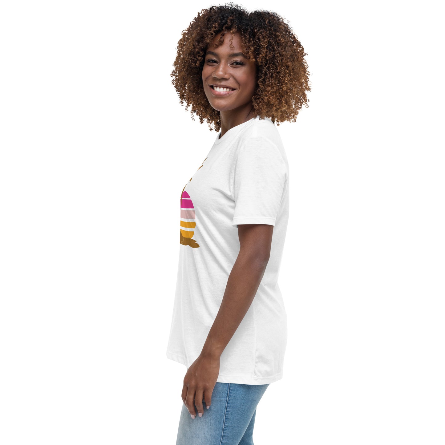 Woman with white T-shirt and a picture of brown palm trees and a pink sunset