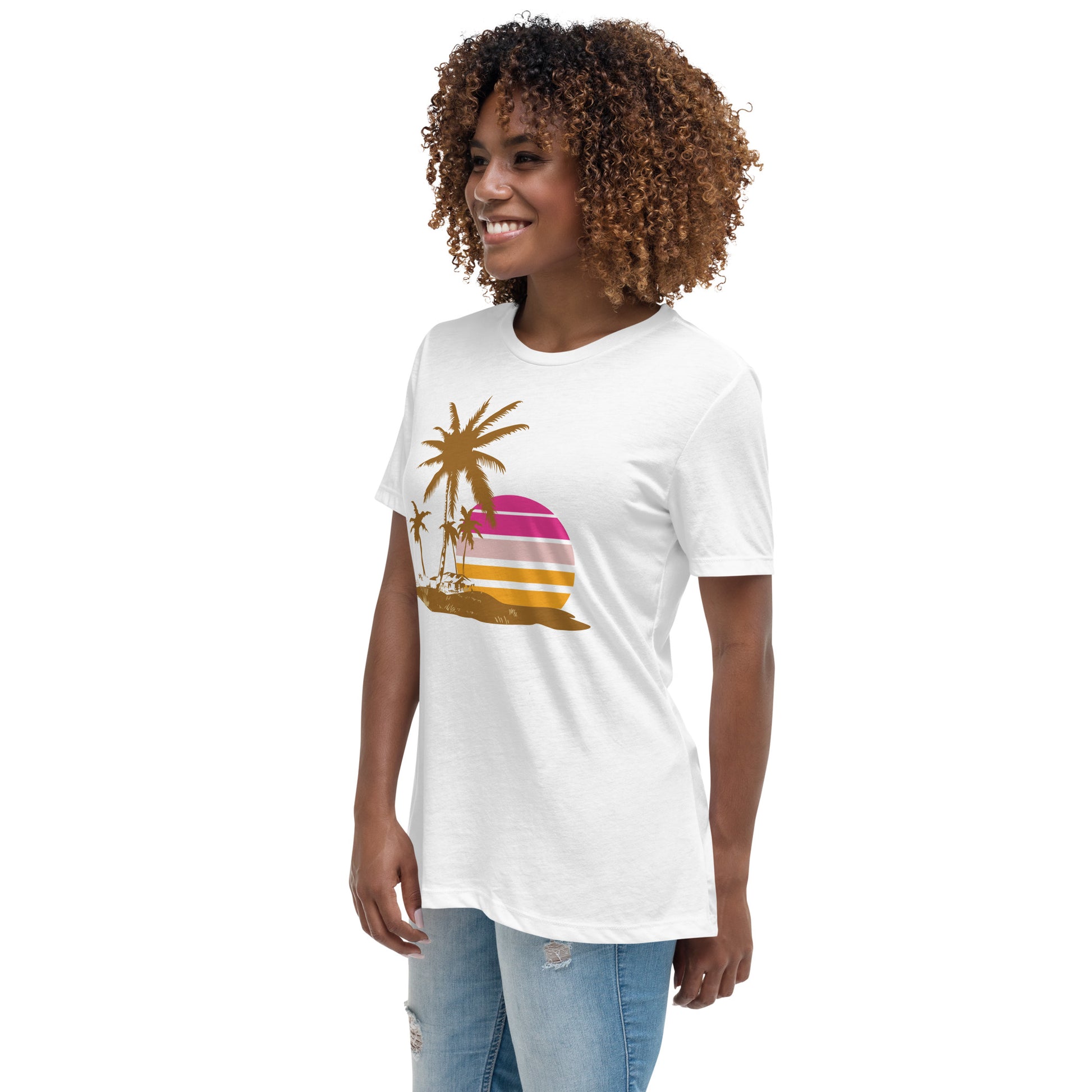 Woman with white T-shirt and a picture of brown palm trees and a pink sunset