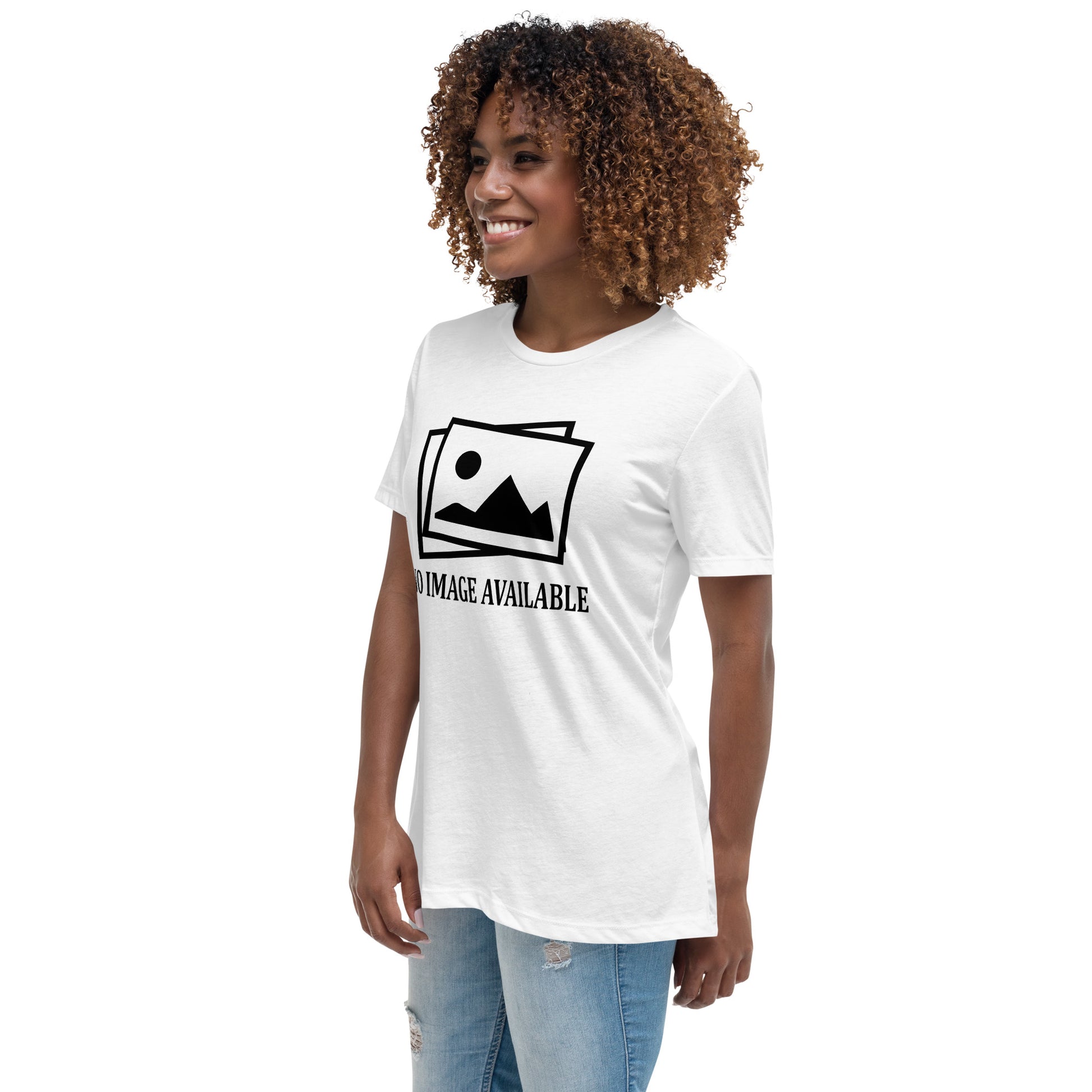 Women with white t-shirt with image and text "no image available"