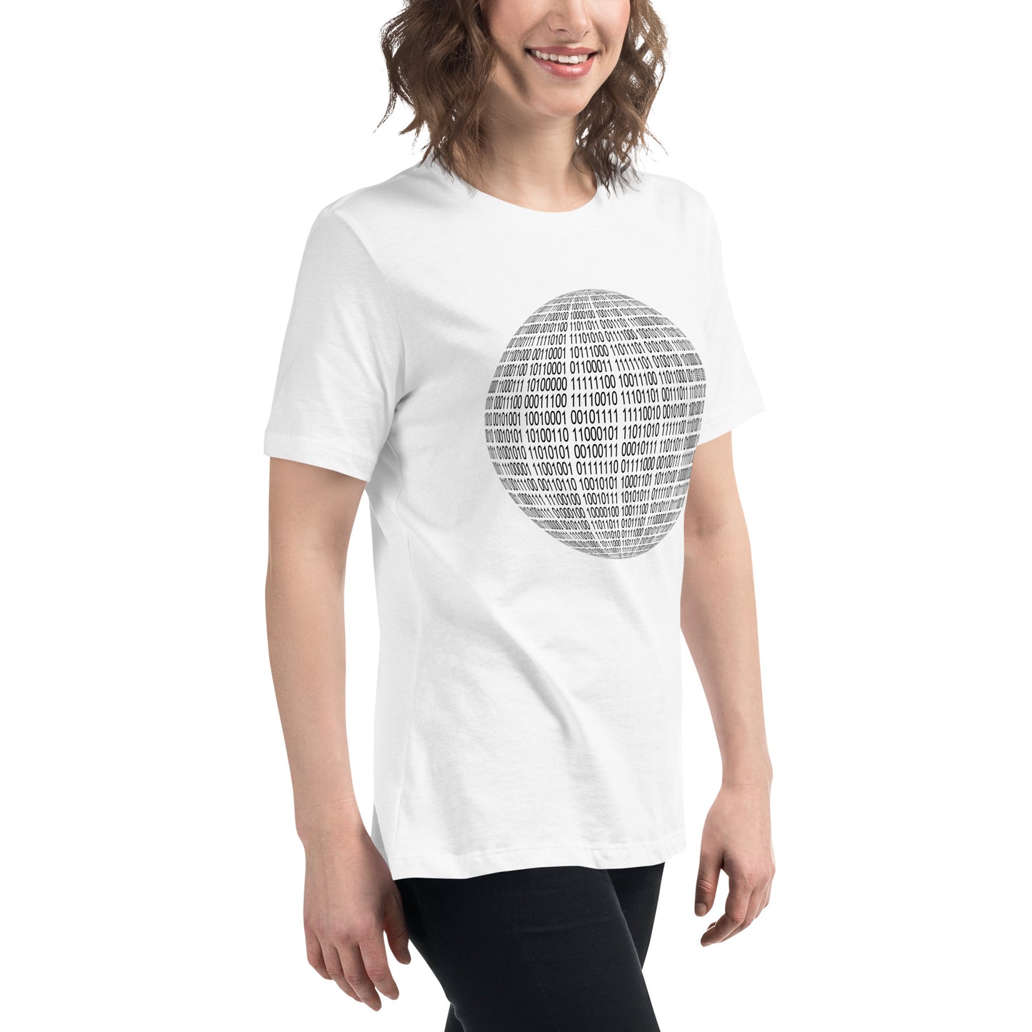 Women with white T-shirt with binaire sphere