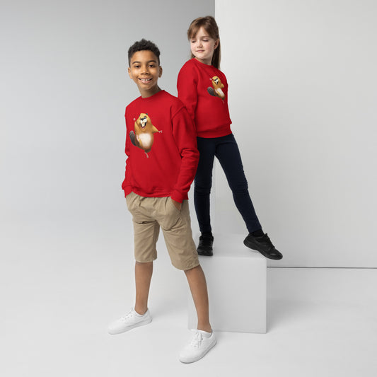 Youth (girl and boy) with red sweatshirt with happy beaver
