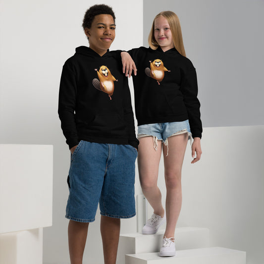 Youth (girl and boy) with black hoodie with happy beaver