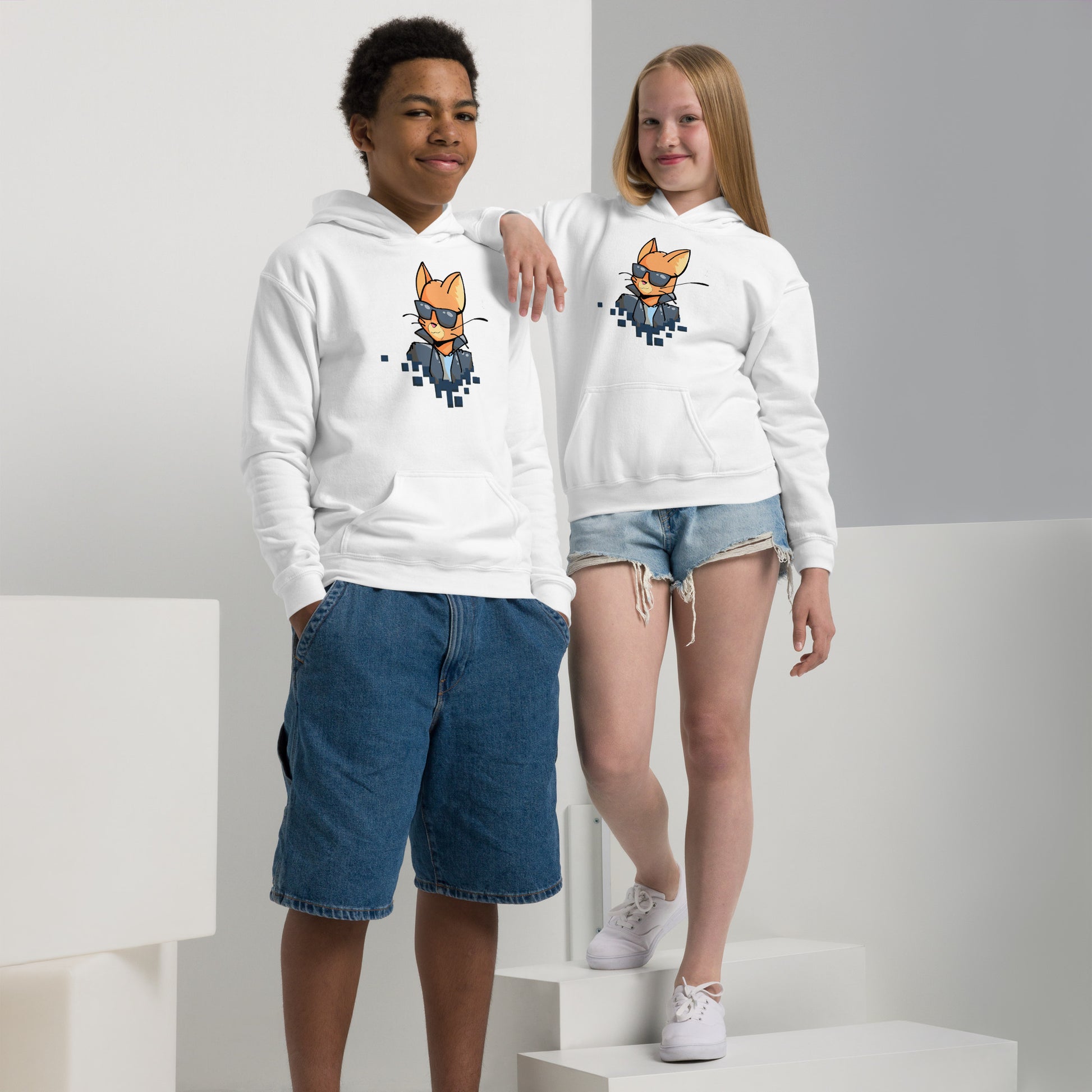 Youth (girl and boy) with white hoodie with cool cat