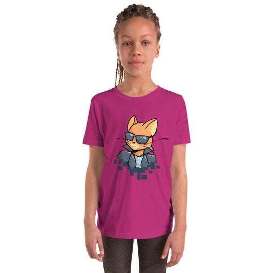 Youth staple tee in berry with cool cat