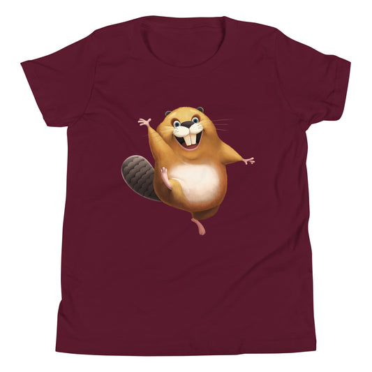 Maroon youth staple tee with happy beaver